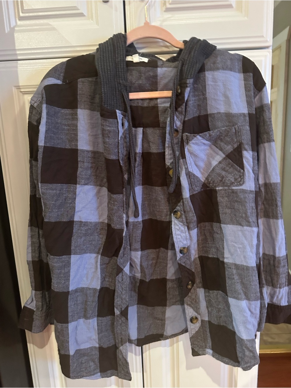 Maurices Blue & Black Plaid Hooded Button-Down Shirt - Picture 2 of 4